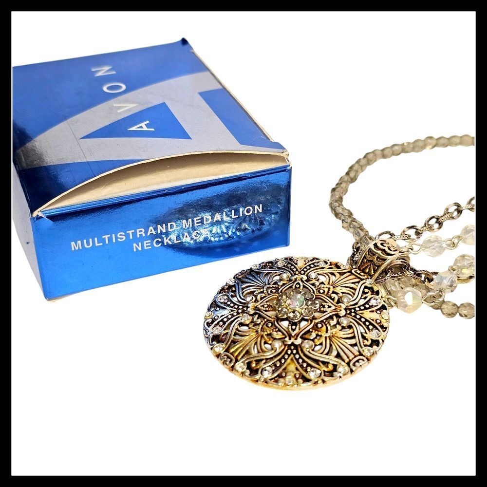 Avon Multi strand Medallion Crystal Necklace Vintage Style Statement Jewelry